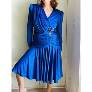 Vintage 80s Dynasty Cobalt Blue Dress Size 10 Draped Midi Length Sexy Party